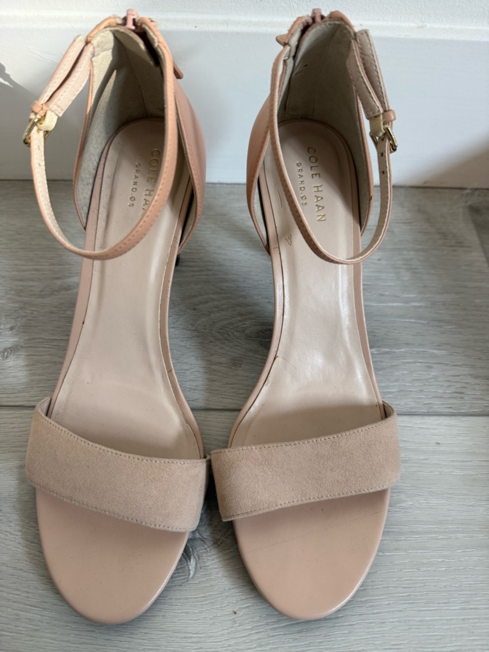 Cole Haan Hellen 3.5” Nude Suede Ankle-Strap Heels